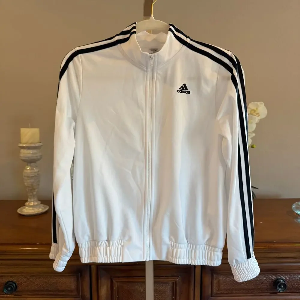 Adidas White Full Zip Track Jacket Black 3 Stripe XL 16 Athletic - Picture 2 of 6